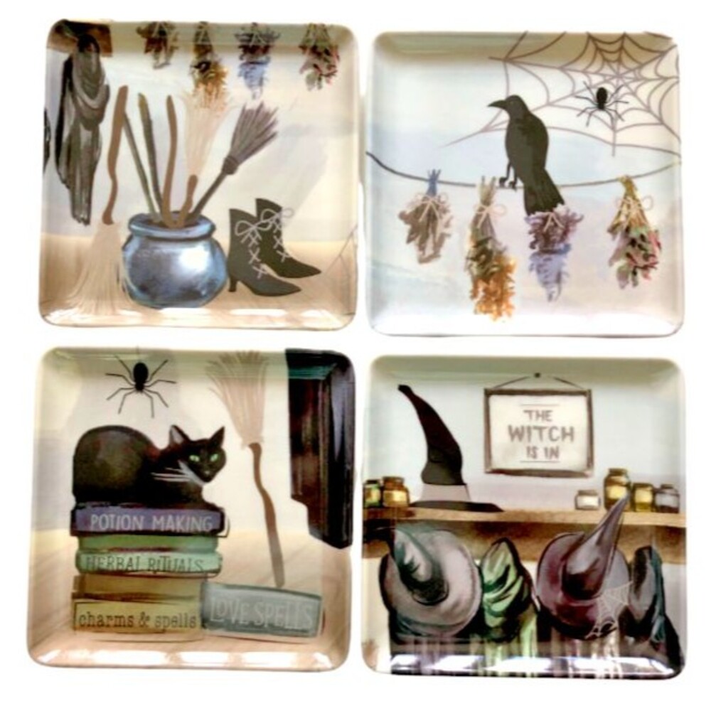 Halloween Spooky Night App Dessert Plates Set of 4 Melamine Witch Raven 6" Sq.